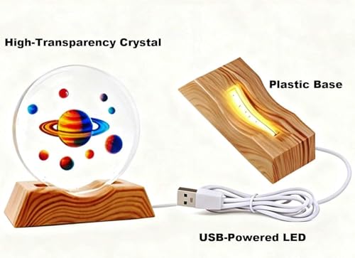 Image of 3D Acrylic Planets Crystal Ball Night Lamp with Wooden Base | Space Theme Saturn Light | Warm Light Table Lamp for Home Decor, Bedroom & Gifts | Aesthetic Night Light for Kids & Adults