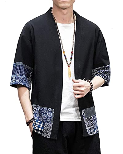 Image of Men's Japanese Kimono Cardigan Loose Cotton Linen 3 /4 Sleeve Open Front Casual Summer Shirt Jackets