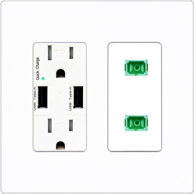 RiteAV 2 Port Fiber Optic Coupler Jack SC Simplex Singlemode APC Wall Plate - USB Charger Outlet [Red/White]