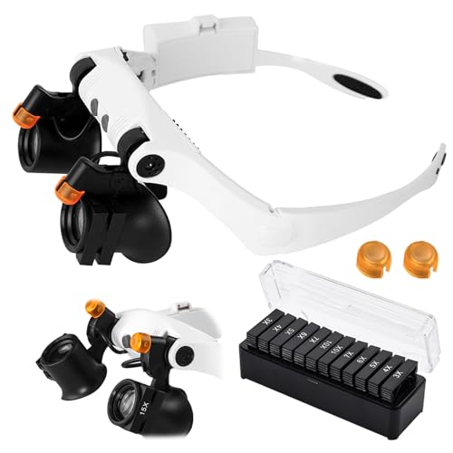 Lupa con luz, lupa de lectura con 2 luces LED, gafas de lupa para hobby, lectura, electricistas, joyeros, costura, reparación, y personas mayores, 6 objetivos intercambiables (3,0 x 4,0 x 5,0 x 6,0 x