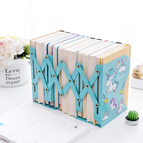 oddpod&trade; Cute Unicorn Adjustable Metal Bookend/Desktop Multi-Purpose Expandable Book Shelf Organiser Stand for Home, Office, School, Study, Living Room & Library Decoration - Blue