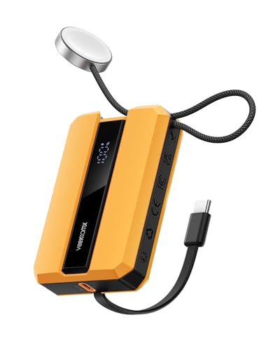 VEEKTOMX PD 30W Power Bank Fast Charging with Built-in USB C Cable for iPhone, Small Portable Charger 10000mAh, Portable Apple Watch Charger, Compact Battery Pack for iPhone 16/15/15 Plus, Yellow