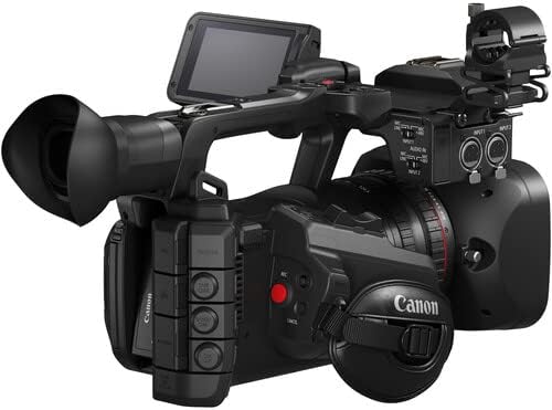 Canon XF605 UHD 4K HDR Pro Camcorder, rear view amb la pantalla LCD oberta