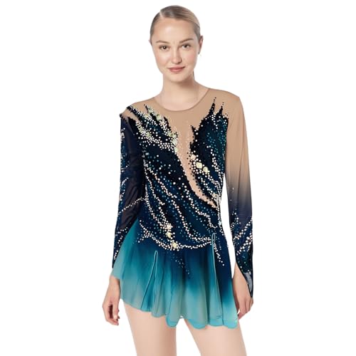 LIUHUO Figure Skating Skirts Children's and Adult's Performance Clothes Gradually Changing Finger Sleeves Blue