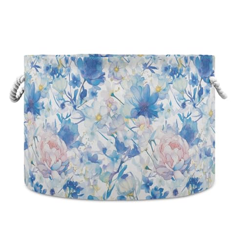 tplaotee Canasta de almacenamiento plegable e impermeable con diseño de flores azules, elegantes y con asas resistentes, mini almacenamiento para utensilios de cocina y dormitorio