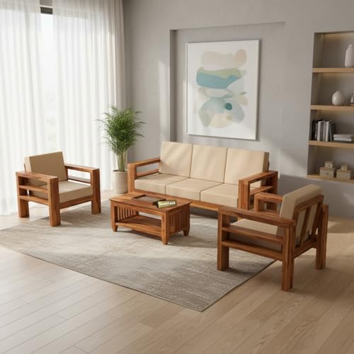 Image of Furniture Solid Sheesham Wood 5 Seater Sofa Set | Multipurpose Wooden 3+1+1 Seater Lounge Sofa Set Furniture for Living Room, Home and Office (Honey Finish)