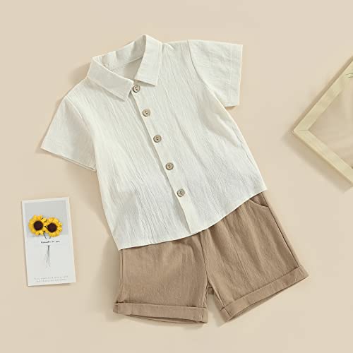 Gueuusu Baby Boy Girl Summer Clothes Toddler Cotton Linen Short Sleeve Button Up Dress Shirt Pocket Shorts Set 2Pcs Outfit (Beige, 12-18 Months) #TOP1