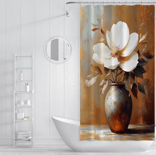 Rideau de bain grande fleur blanche imperméable style urne bronze - 4