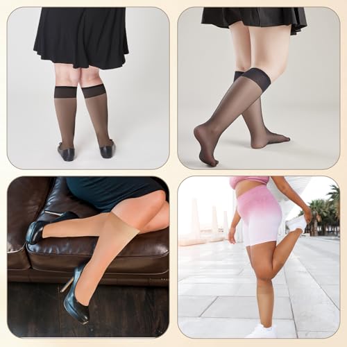 Image of 8 Pairs Plus Size Women Knee High Stockings Sheer Nylons Socks Womens Wide Calf Black Nylon Highs Stocking Queen Knee-high Panty Hose Sock