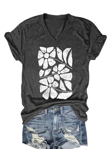 Women Summer Beach Tops Trees Print V Neck Short Sleeve Coconut Tree T Shirt Funny Graphic Tees, N-dark Grey, XXL