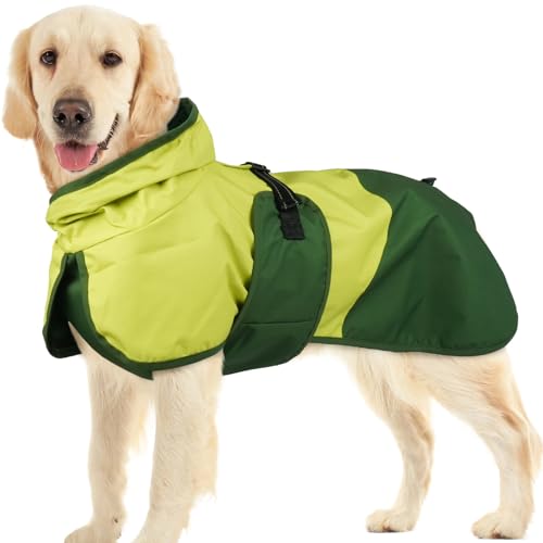 Image of BRKURLEG Dog Raincoat, Waterproof Rain Jacket with Hood, Green, XXL | Adjustable Windproof Rainproof Jacket with Leash Hole, Reflective Breathable Rain Coat Poncho, for Small to Large Dogs