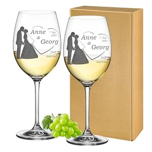 2 Leonardo Weingläser Personalisiert mit Gravur - Weißwenglas 460 ml oder Rotweinglas mit Text - Geschenk zur Hochzeit Wein-Glas für Paare - Motiv Brautpaar