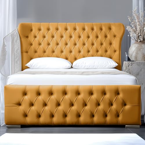 Living Comfort Bedz | Oxford Wingback Bed | Plush Velvet Headboard & Footboard | Gas Lift Storage & Slats Base (Mustard, 4FT6 Double Slat Base With Mattress)