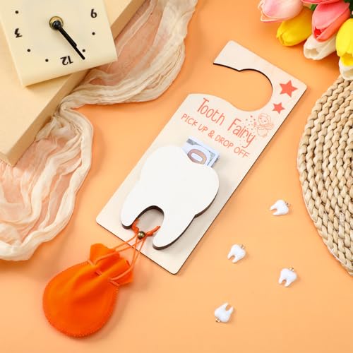 Image of DoubleFill Fairy Tooth Gift Holder Bag Door Hanger Lost Teeth Keepsake Box Tooth Fairy Kit Stores Back to School Gift for Lost Teeth Boy Girl Primary School Classroom Gifts(Classic,Orange)