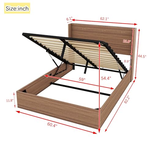 Image of Ball & Cast Queen Size Lift Up Storage Bed Frame with Wingback Headboard,Wooden Grooved Undulating Platform Bed Frame Queen with Hydraulic Storage,No Box Spring Needed,Rustic Brown