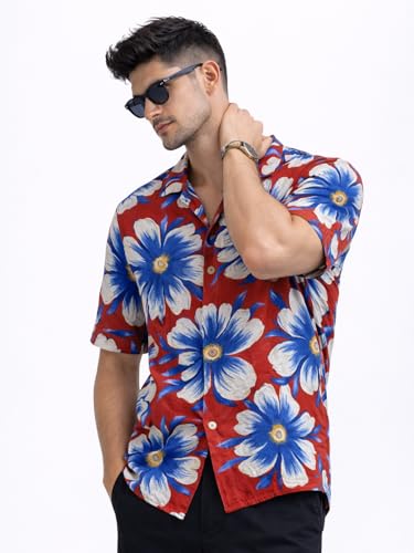Image of Veirdo Men's Printed Camp Collar Shirt, Oversized Fit, Short Sleeve Casual Resort Wear, Button-Down Summer Shirt for Men, Cotton Fabric (Sizes S to 2XL)
