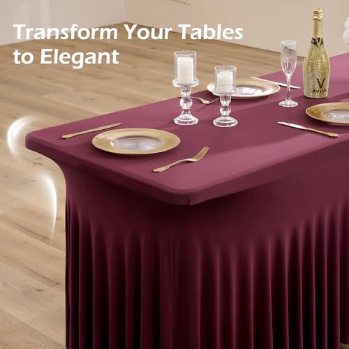 Image of 2 pk Burgundy Spandex Tablecloth 6ft with Ruffled Tables,Wrinkle Free High-Stretch Fitted Table Cloths for 6 Foot Rectangle Tables,Elastic Maroon Spandex Table Covers 6 ft for Weddings Banquet Dinning