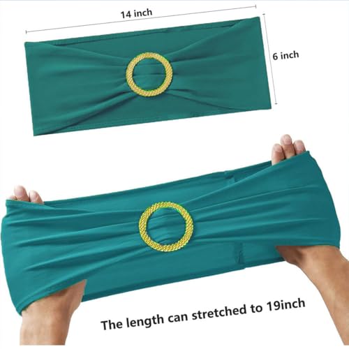 Image of Turquoise Chair Sashes 50 Pack, Spandex Turquoise Chair Bows with Gold Buckle for Wedding Decoration, Teal Chairs Bands for Party Banquet Gender Reveal Decor