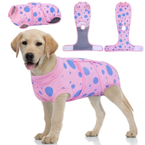Kuoser Dog Surgery Suit, Soft Dog Spay Recovery Suit Female, Anti Licking Neuter Recovery Suit for Male Dogs, Post-Op Pet Surgical Suit Protective Wear E-Collar & Cone Alternative,Pink Polka