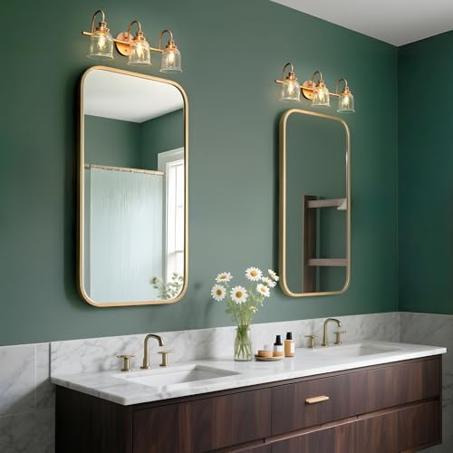 Image of KSANA Gold Bathroom Light Fixtures, Modern 3 Lights Vanity Light with Seeded Glass Shade Over Mirror for Powder Room, Bedroom and Dressing Area