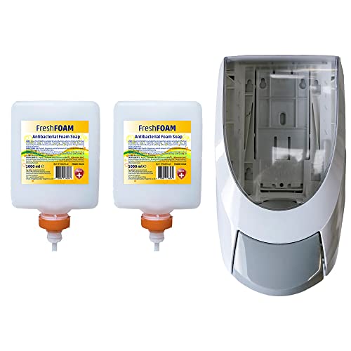 Opus FreshFOAM Hand Cleaner 1L x 2 with Soap Dispenser – Antibacterial Soap Cartridges – Hygiene Starter Pack – Sanitising Foam Soap including Opus Industrial 1L Dispenser