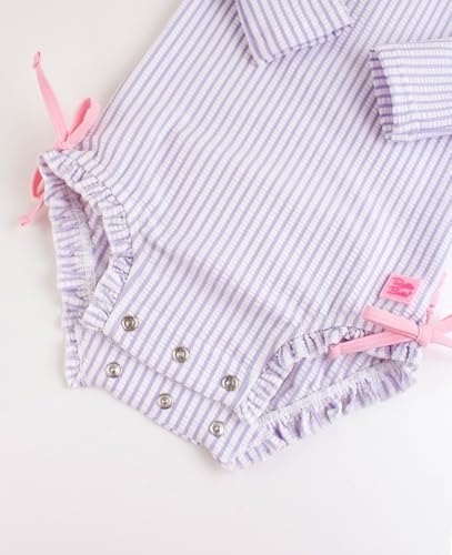 Image of RuffleButts Baby-Girls Seersucker Long Sleeve Rash Guard - One Piece Swimsuit UPF 50+ Toddler