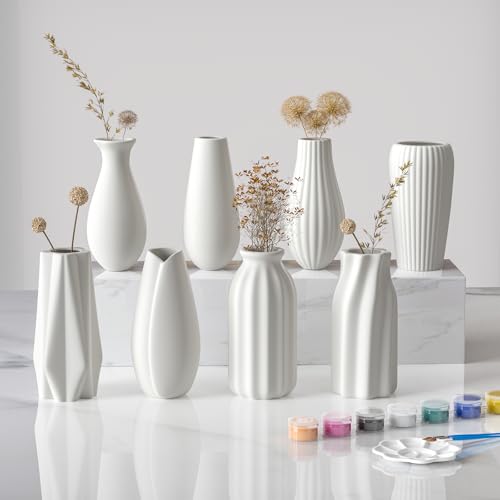 OERGKE White Ceramic Vase with Painting Kit Small vases for Flowers, Home Farmhouse Decor Modern Boho Vases for Living Room, Office, Dining Table, Bedroom, Kitchen Shelf(8packs)