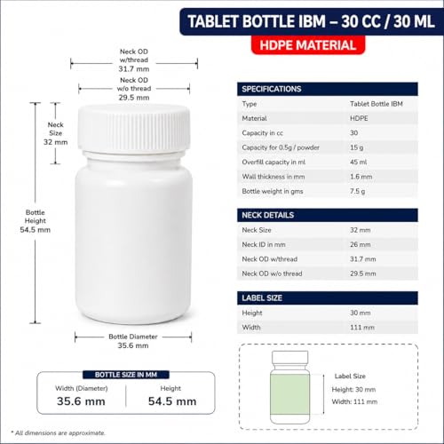 Image of Patco - 30ml White HDPE Empty Bottle For Capsules & Tablets IBM with Screw Cap and Coated Wad - Pack of 100