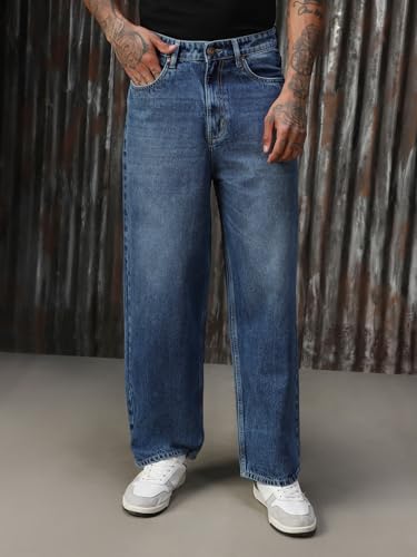 Image of High Star Men Cotton Washed Loose Fit Casual Mid-Rise Jeans