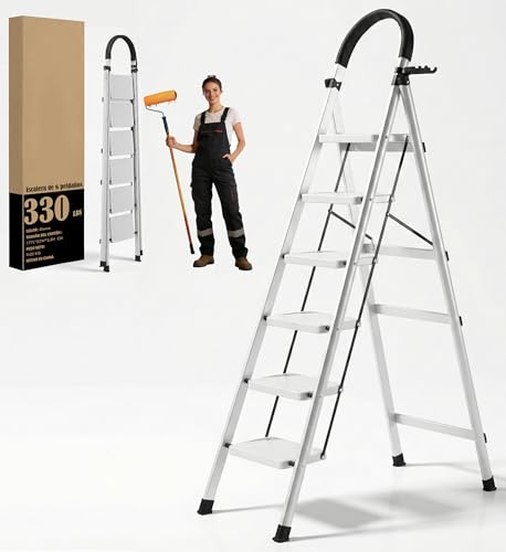 Consejos para Comprar Escaleras de Aluminio Walmart , tabla con los diez mejores. 49 Genérico Escalera de 6 peldaños,Taburete Plegable portátil para Adultos con peldaños Anchos Antideslizantes,barandilla,diseño de Seguro de Seguridad,Carga de 150kg (Blanco)