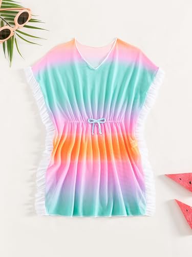 Image of Milumia Girl's Cute Tie Dye Beach Coverups Pompom Trim Swimsuit Swimwear Cover Up Ruffle Trim Ombre 11-12 Years