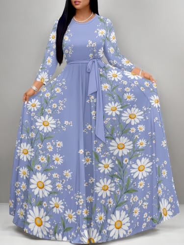 Image of Women Plus Size Long Sleeve V Neck Maxi Dress with Belt | Soft fabric relaxed fit three quarter sleeve v neck with pockets for party and daily wear