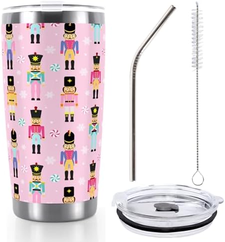 Whaline Pink Christmas Nutcracker Tumbler Stainless Steel Travel Tumbler with Lid Straw and Brush Xmas Winter Coffee Mug Cup for Holiday Birthday Gift
