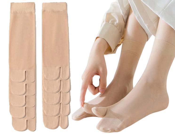 Semi-Sheer Ankle Thumb Socks for Women Semi-Transparent Toe Socks for Ladies - Black and Skin_Free Size-image-33