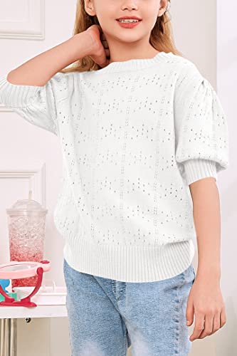 Klousilover Girls Blouse Tops Fall Casual Puff Sleeve Crew Neck Sweaters Solid Hollow Out Knit Pullover Jumper Tops A-White #TOP2