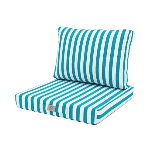 Lot de 2 Coussins Déhoussables Rayures Turquoises pour Salon de Jardin - Confort Premium, Anti UV Assise: 60 X 60 cm Dossier: 35 x 60 cm - Déco Arts