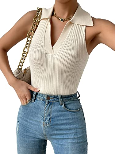 COZYEASE Women's Collared Ribbed Tank Knit Top Solid Ribbed Knit Sleeveless Casual Plain Summer Top