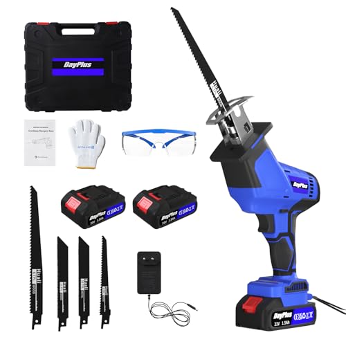 21V Sierra Sable Inalámbrica,Sierra Alternativa de 2 Baterías，Cargador Rápido,0-2800RPM Velocidad Controlada Con Bloqueo De Seguridad e Iluminación Led, 4 Hojas de Sierra Para Cortar Madera y Metal