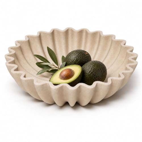 Modern Large Ruffle Decorative Bowl, Beige Resin Artificial Stone Fruit Bowl, Stylish Handicraft Centerpiece Key Bowl for Home Decor, Entryway, Kitchen Counter & Coffee Table