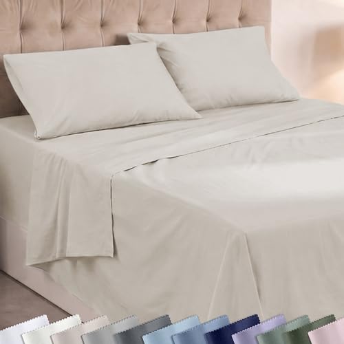 Image of California Design Den Super Soft 100% Cotton Twin Sheets Set - 3 Pcs - Durable Sheets, Easy Fit, Lightweight & Breathable, Suitable for Hot Sleepers & All Seasons, Minimal Wrinkles - Beige