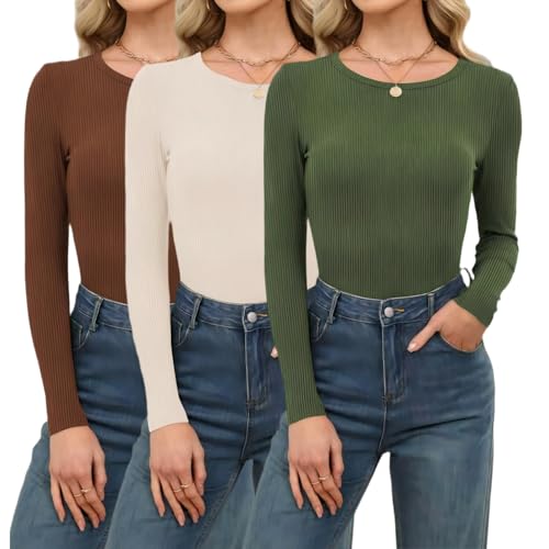 DATAMOUNT Womens Cream Ribbed 3 Pack Long Sleeve Tee Fitted