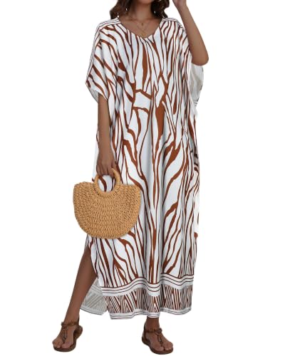 Image of Kaftan Dresses for Women V Neck Caftan Batwing Sleeve Swimsuit Cover Up | JILUVIN Plus Size Beach Swimwear Dress, Loose Fit Maxi Print Moomoo, Casual Mumu Nightgown Mrs Roper Costumes Vocation 2026