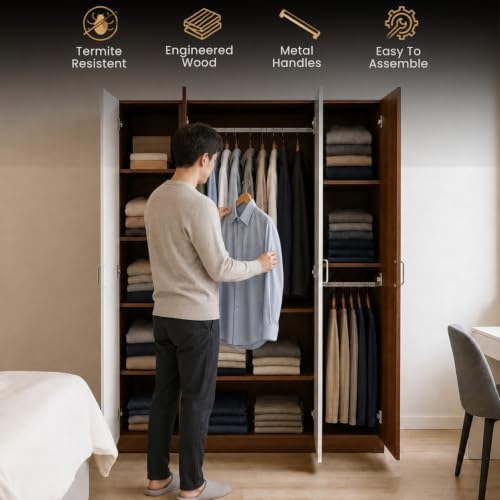 Image of GRATUS 4 Door Wardrobe - Modern Engineered Wood Cupboard Without Drawer for Clothes Storage, Spacious Bedroom Organizer - 180 x 145 x 45 cm Classic White