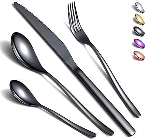 Cutlery Set 24 Pieces, Kyraton Stainless Steel Black Flatware Set, Titanium Plating Black Silverware Set Strong Anti Rust, Dishwasher Safe, Tableware Set Serving 6 People.