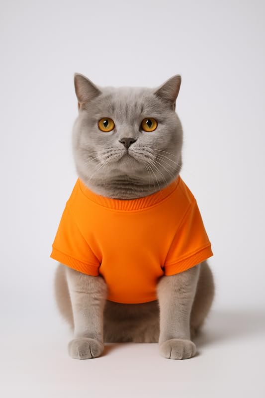 Image of Thunder Tails Printed Cat T-Shirt for Small to Large Cats & Kittens | Lightweight Breathable Cotton Pet Apparel | Cute & Stylish, Comfortable Round Neck Cat Clothes (L, Orange)