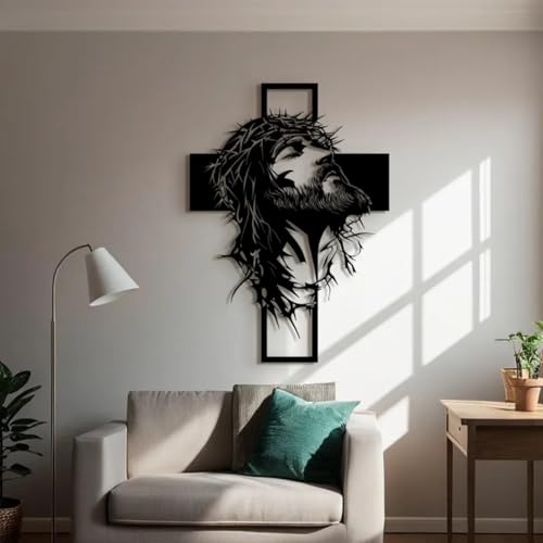 Image of BLIND SHOP Jesus Face and Plus Sign Metal Art for Home Decor | Wall Sculpture Home Decoration | Metal Art | Metal Wall Art | Wall Decor (57x43x1.5 CM)