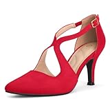 mysoft Women's Dress Shoes Closed Toe 3 Inch Heels Cross Strap Stiletto Pumps Wedding Prom Party Evening Formal Shoes Red