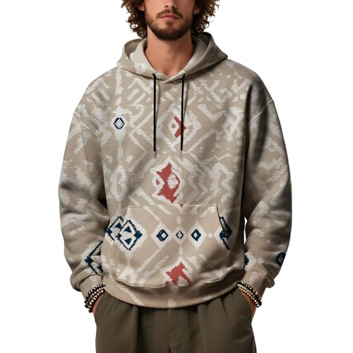 Western Hoodies for Men Fall Trendy Long Sleeve Ethic Pullover Hoodies Baggy Drawstring Sweatshirts with Pockets