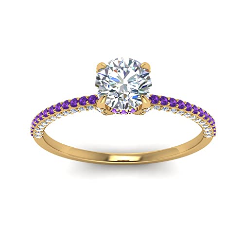 Image of Choose Your Gemstone Delicate Hidden Halo Diamond CZ Ring Yellow Gold Plated Round Shape Petite Engagement Rings Minimal Modern Design Birthday Gift Wedding Gift US Size 4 to 12