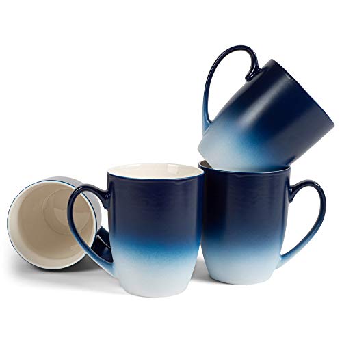Blue White Two Toned Ombre Matte 12 ounce Ceramic Stoneware Coffee Cup Mug Set 4
